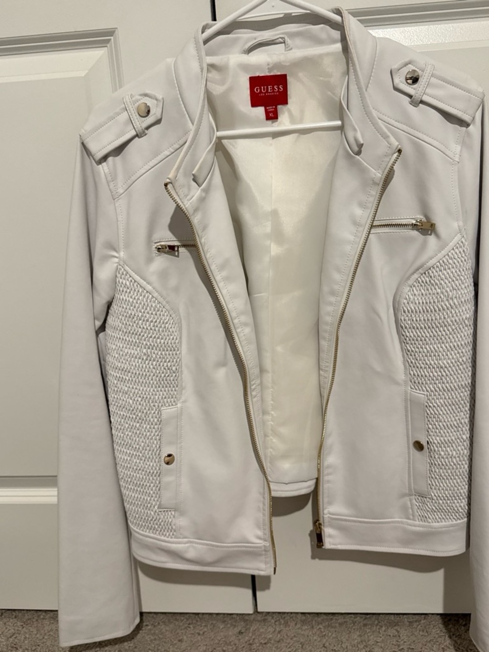GUESS White Quilted Moto Jacket with Gold Hardware